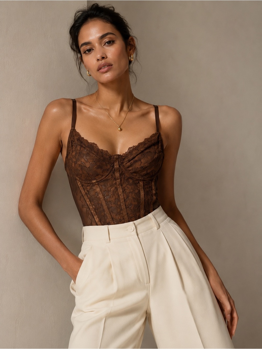 Brown Lace Teddy Bodysuit Sheer Lingerie Corset Bustier Romantic Goth S